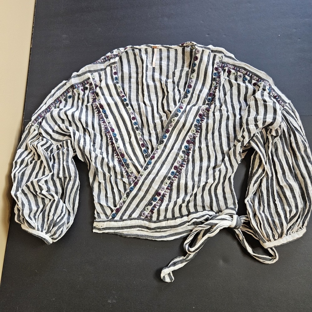 Free People FP One Striped Wrap Crop Top Boho Embroidered Balloon Sleeve SP